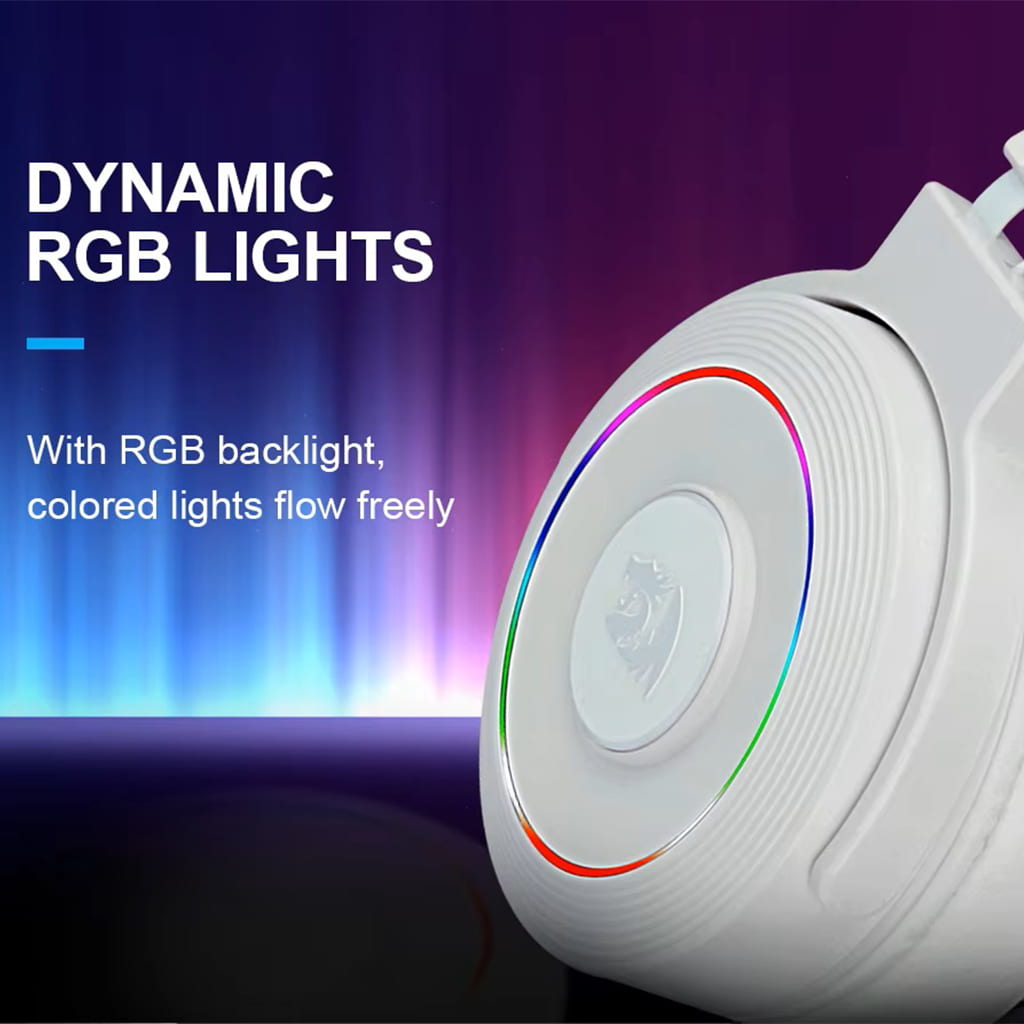 Image highlighting the "DYNAMIC RGB LIGHTS" on Text foam of the White Redragon H320W Lamia 2 gaming headset