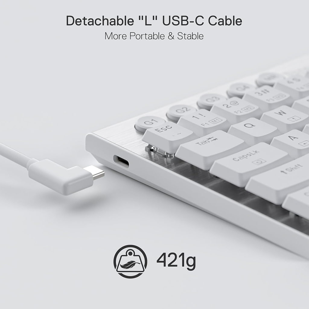 Redragon K632 white RGB mechanical keyboard's white detachable 'L' USB-C cable, emphasizing the portability and weight of 421g