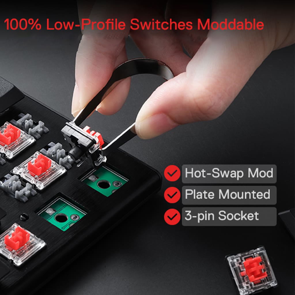 Redragon K632 RGB Mechanical Keyboard showcasing its hot-swappable low-profile red switches and moldable design