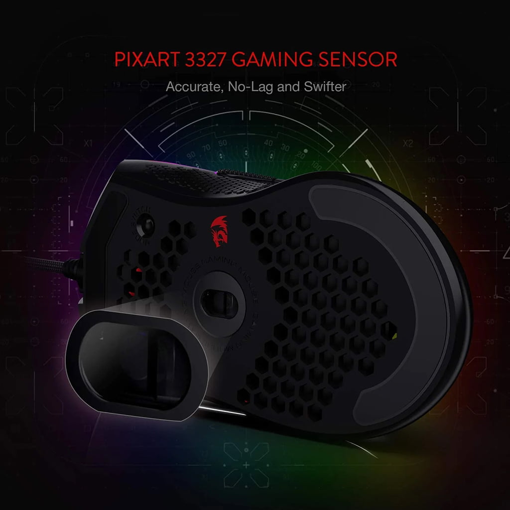Black Redragon Storm M808 gaming mouse, highlighting the Accurate, No-Lag, and Swifter Pixart 3327 Gaming Sensor