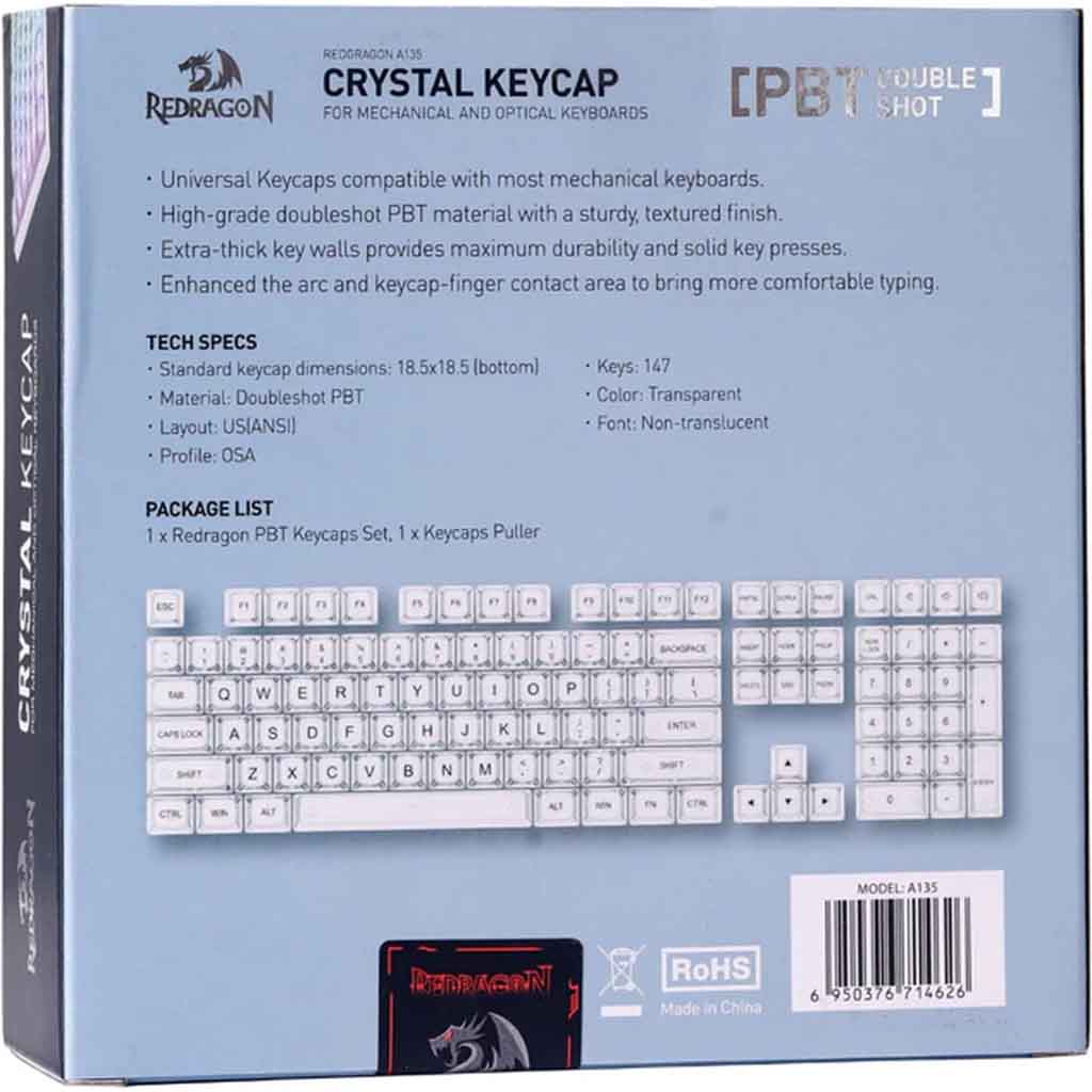 Redragon A135 Crystal KeyCaps, 147 Keys Standard Doubleshot PBT Keycap Set, OSA Profile, US(ANSI) Layout, Compatble with Most Mechanical Keyboards & Optical Keyboards, Keycaps Puller Included Redragon