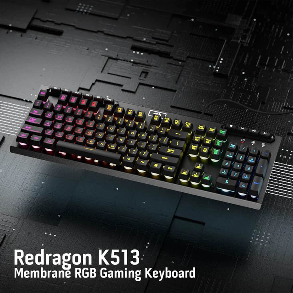 Redragon K513 Aditya full-size membrane gaming keyboard from above, showcasing its design and colorful RGB illumination with text.