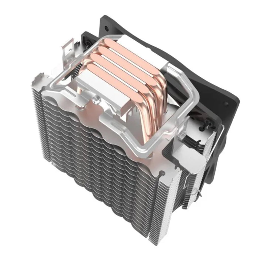 Redragon Agent CC-2011 close-up of a computer CPU cooler featuring copper heat pipes and aluminum fins