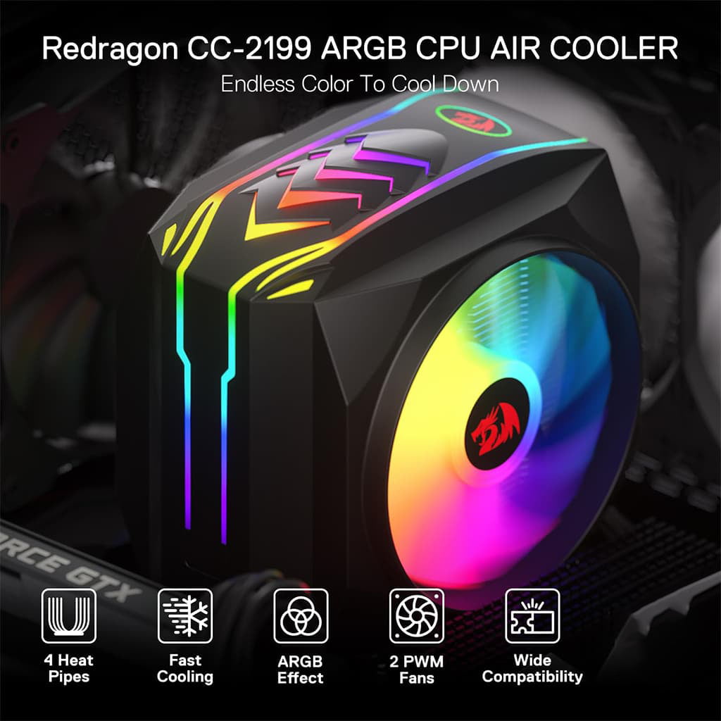 Redragon CC-2199 ARGB CPU air cooler with vibrant lights, 4 heat pipes and 2 PWM fans with motherboard background