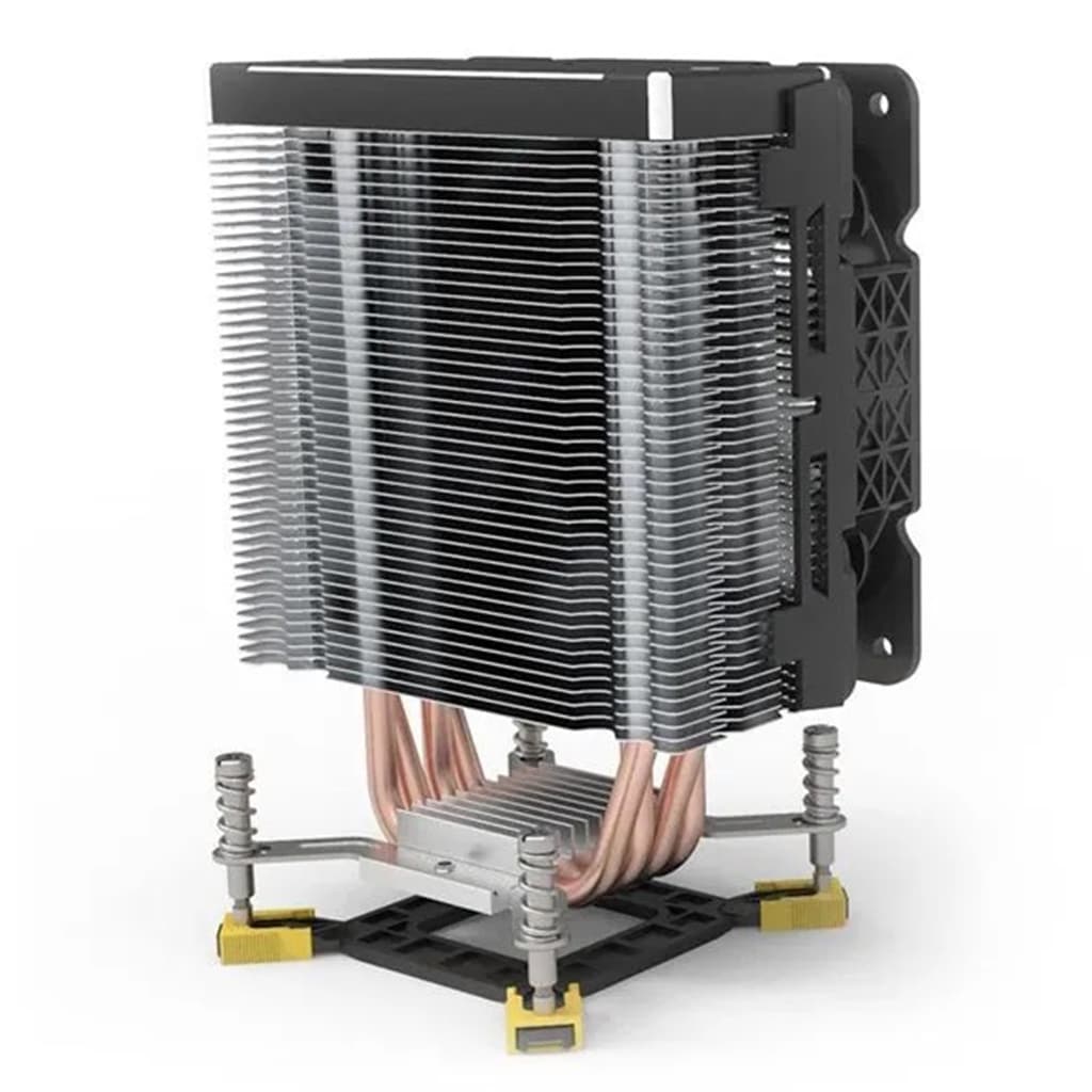 A metallic Redragon cc-2000 CPU cooler with a large finned heatsink, copper heat pipes, and mounted on a rectangular base