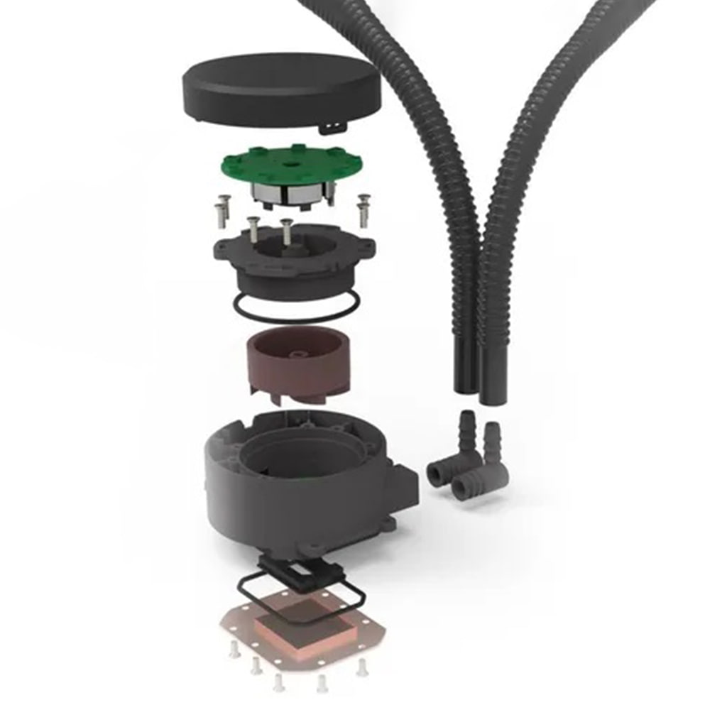 Technical breakdown of the Redragon CCW-3000, showing layers including PCB, impeller, seals, main housing, and copper contact plate