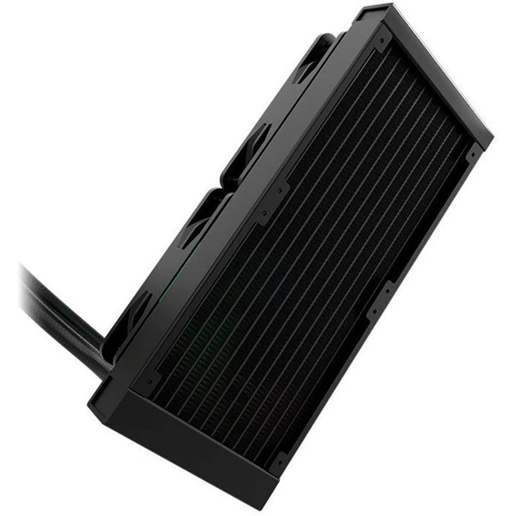 A sleek black redragon ccw3011 computer radiator with metallic fins and braided hoses, tilted diagonally