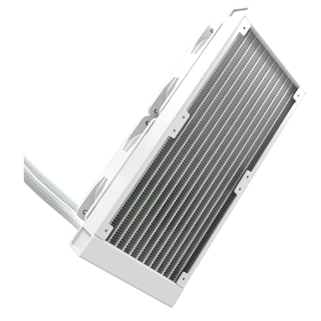 A sleek white redragon ccw3011w computer radiator with metallic fins and braided hoses, tilted diagonally
