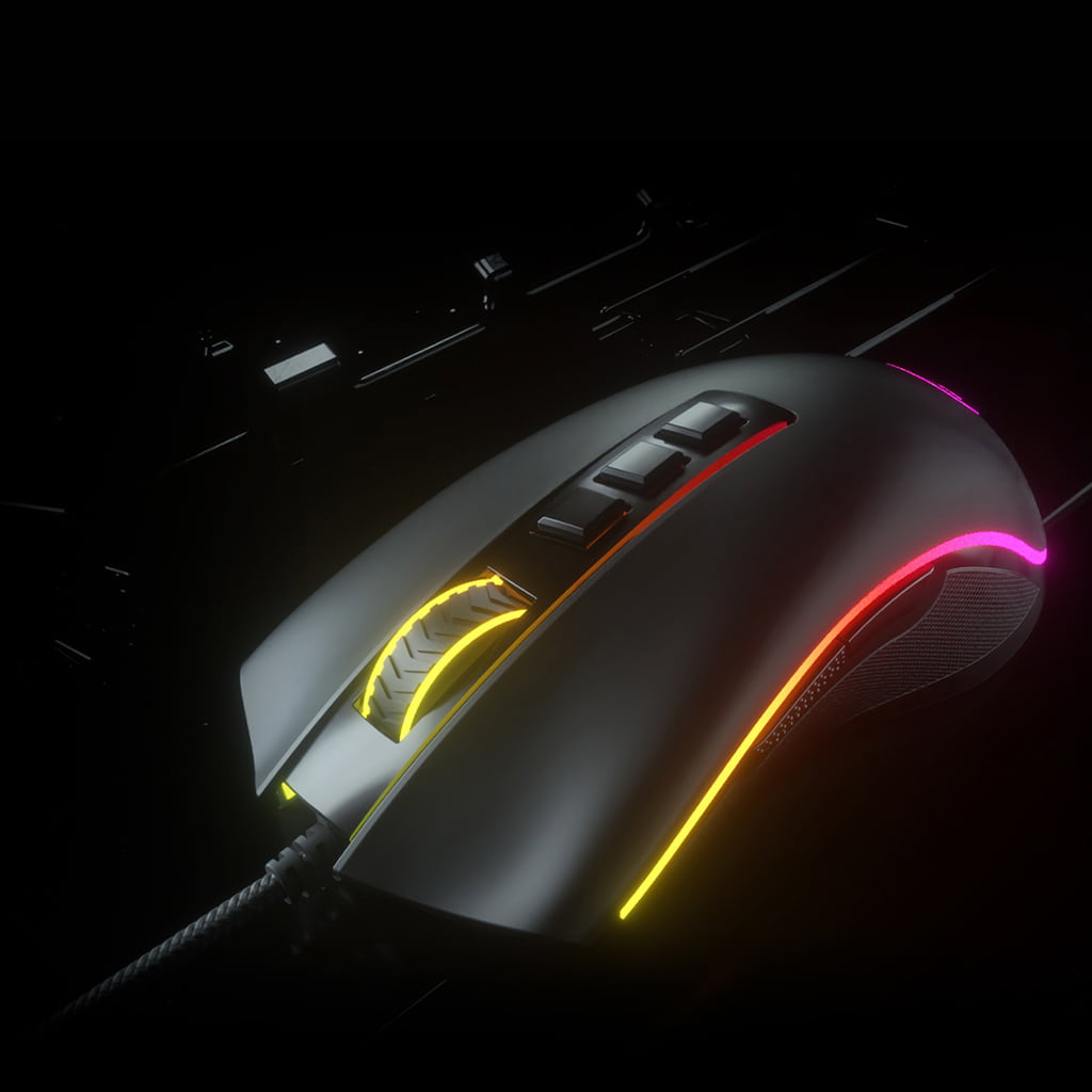 Black Redragon M711 Cobra RGB mouse shown from a top view, highlighting the illuminated scroll wheel and side accents