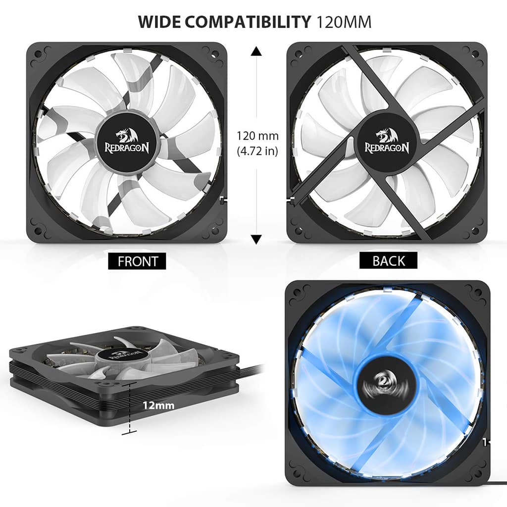 Image showing a 120mm Hight Redragon GC-f006 with front and back views. The fan is black with white blades and measures 12mm thick.