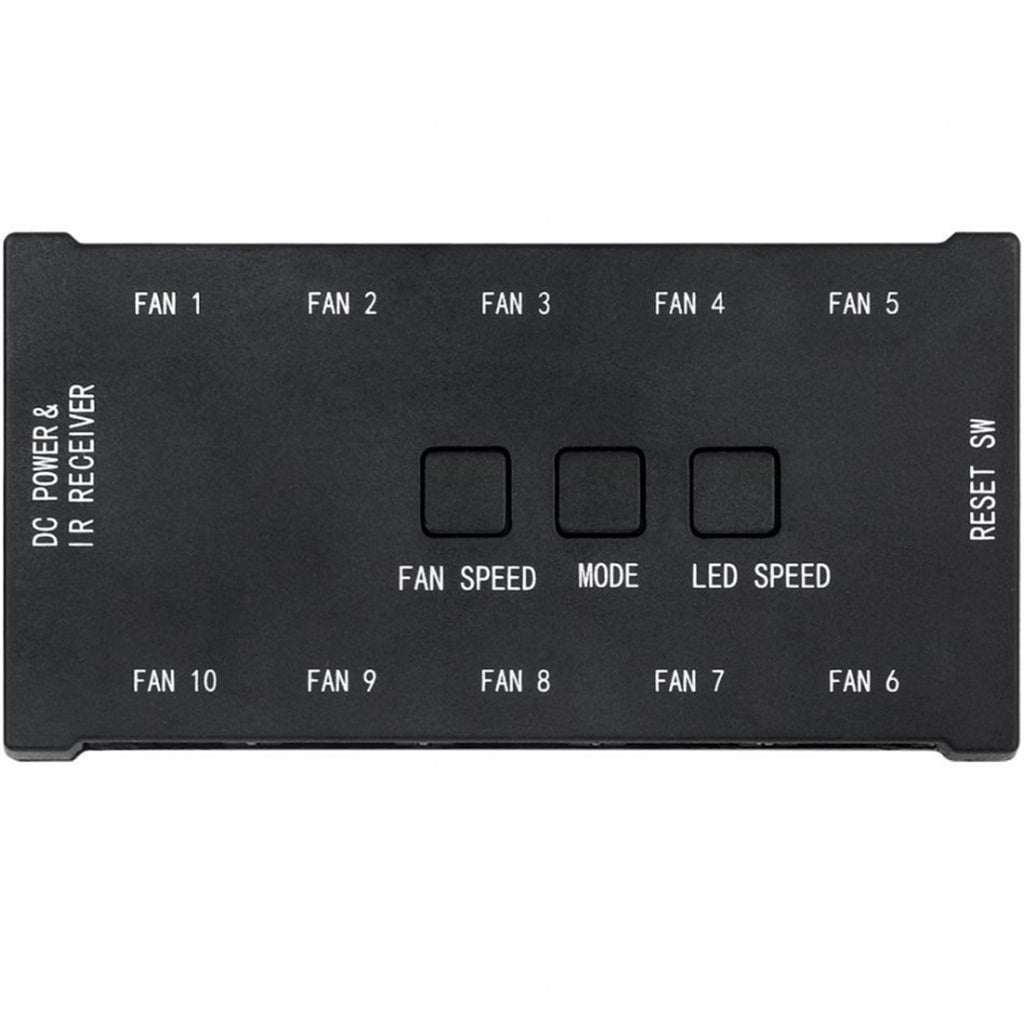 Redragon GC F007 Black control panel labeled with 10 fan controls, buttons for fan speed, mode, LED speed, and a reset switch.