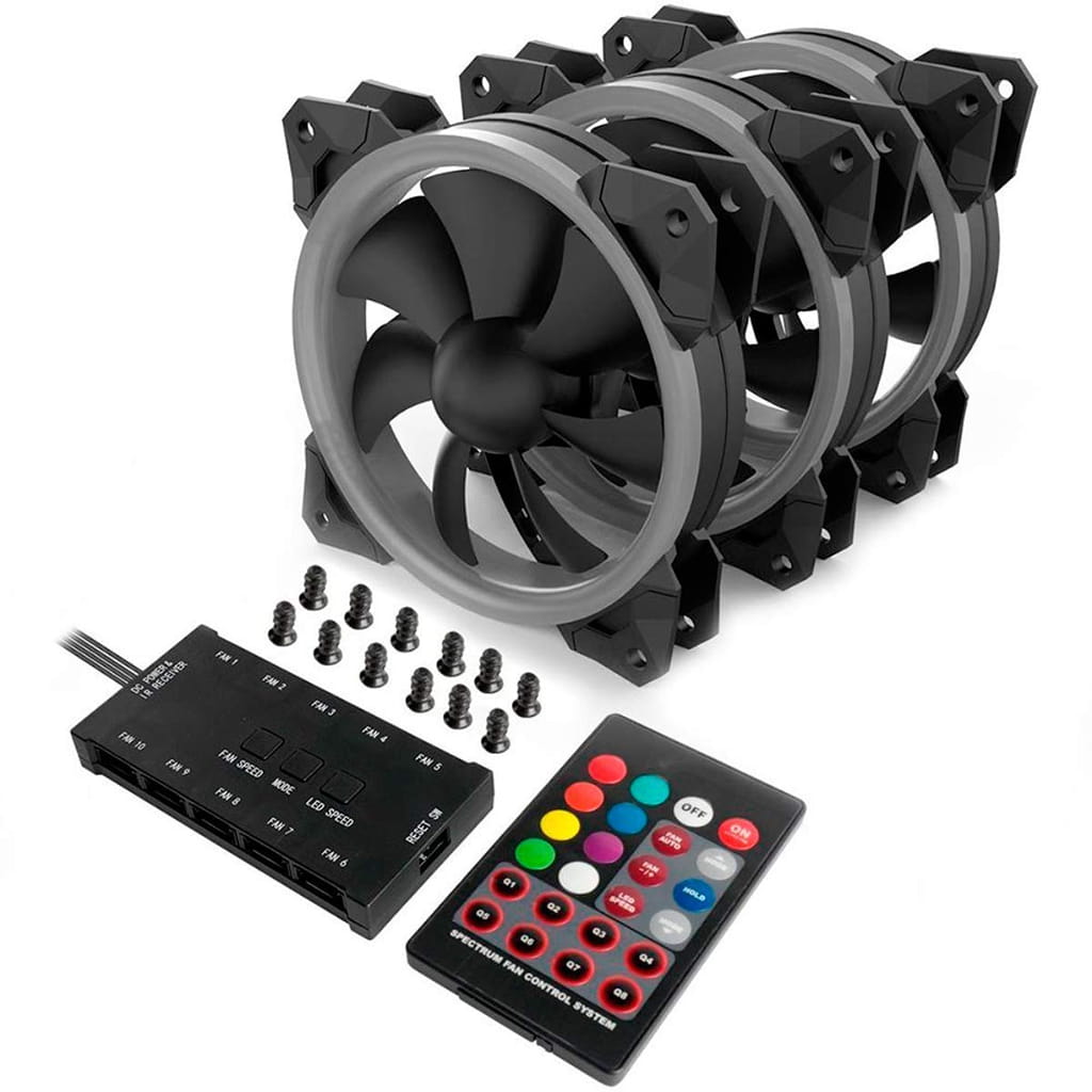 Redragon GC F008 package includes: three black cooling fans are accompanied by a control hub, screws, and a colorful remote control.
