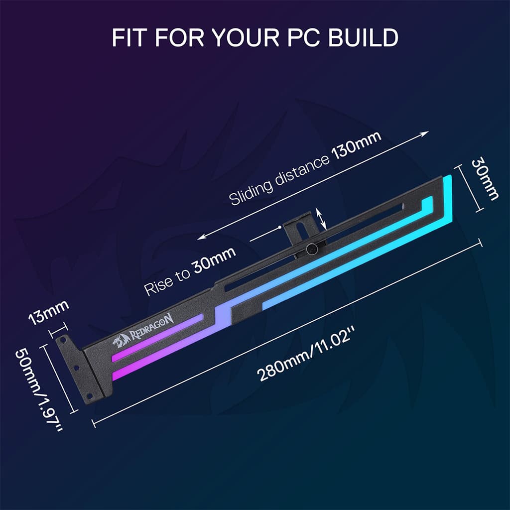 Graphic showing a Redragon black GCP03 labeled: 280mm length, 50mm height, 130mm sliding distance and 30mm rise