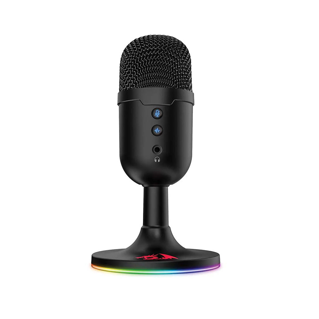 Black microphone with RGB lighting on a white background