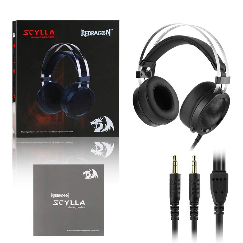 Redragon H901 Scylla gaming headset with its packaging box, instruction manual, and included audio and microphone cables