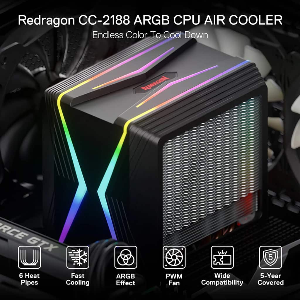 Redragon CC2188 air cooler, designed for optimal airflow, featuring adjustable settings, 6 heat pipes and stylish LED illumination