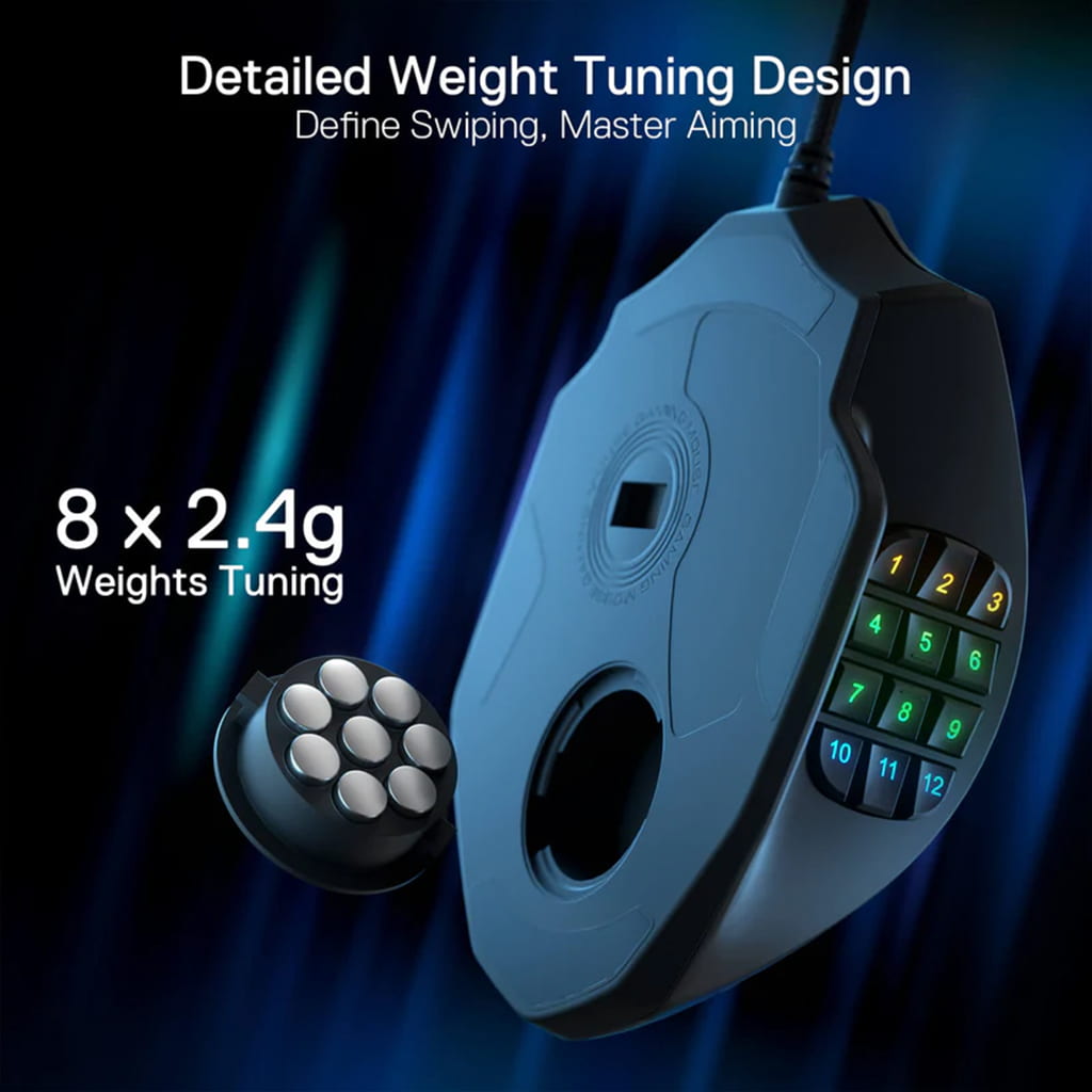 Redragon Impact M908 Black gaming mouse underside with the Detailed Weight Tuning Design, including eight 2.4g removable weights