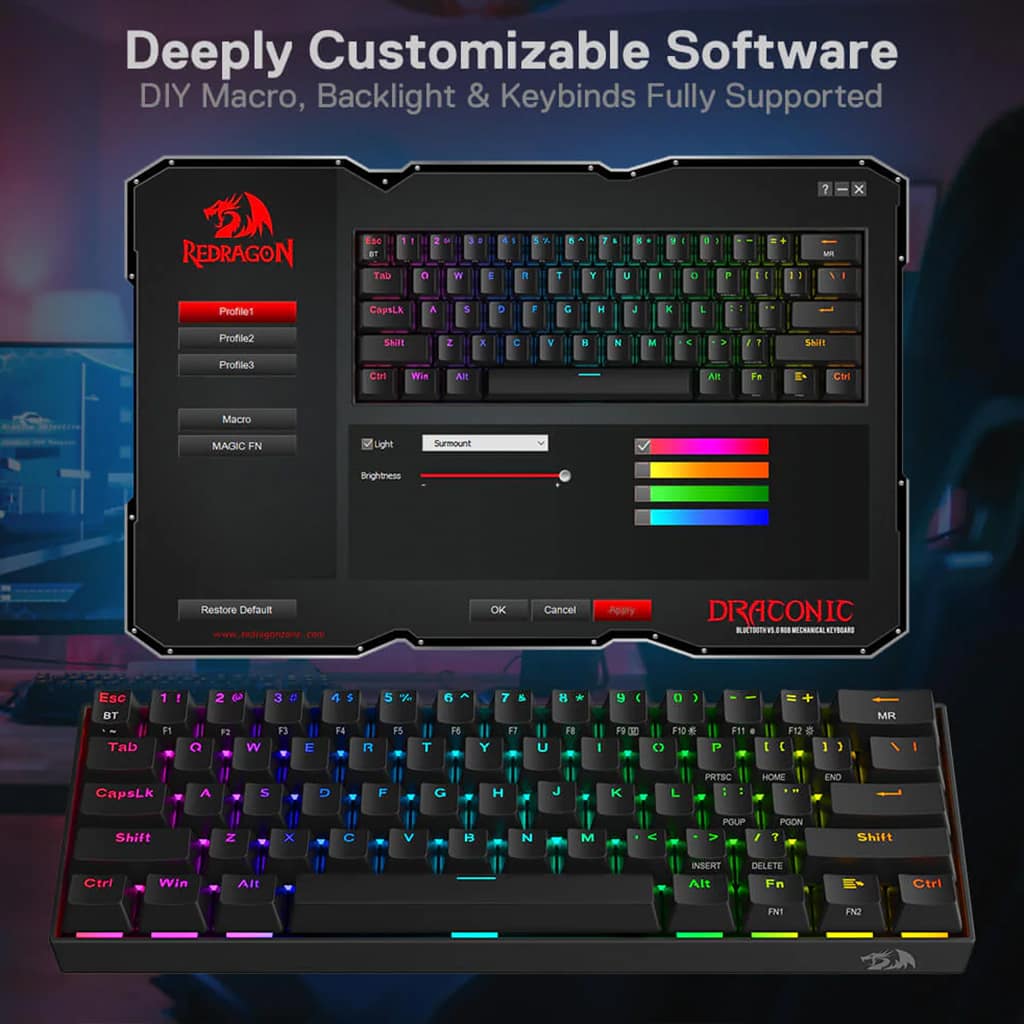 Black Redragon K530 Draconic Pro keyboard alongside its customization software, highlighting features like macro recording.