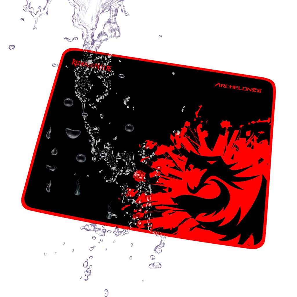 Close-up of the Redragon K552-BA-2 Combo gaming mousepad in black & red with water splashing, highlighting its water-resistant surface.