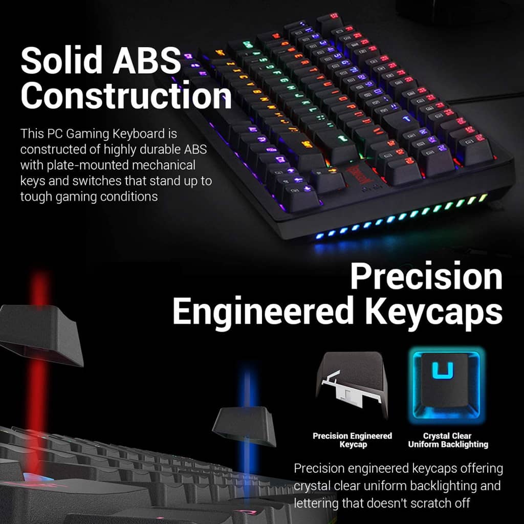 Redragon K552-BB 2 Combo Keyboard with vibrant RGB backlighting and double injector keycaps offering crystal clear uniform backlighting