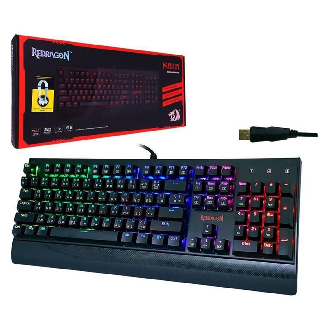 Redragon K557 Kala RGB Backlit Wired Gaming Keyboard with its retail box and USB connector