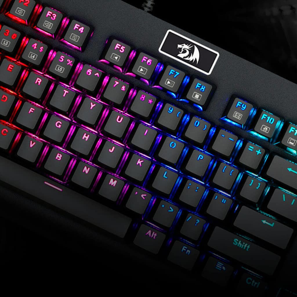 Close-up view of the Redragon K568 Dark Avenger RGB mechanical keyboard showcasing vibrant lighting