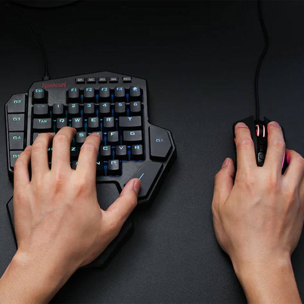 Redragon K585-BA one-handed gaming keyboard and mouse combo showcasing the synchronized RGB lighting across both devices