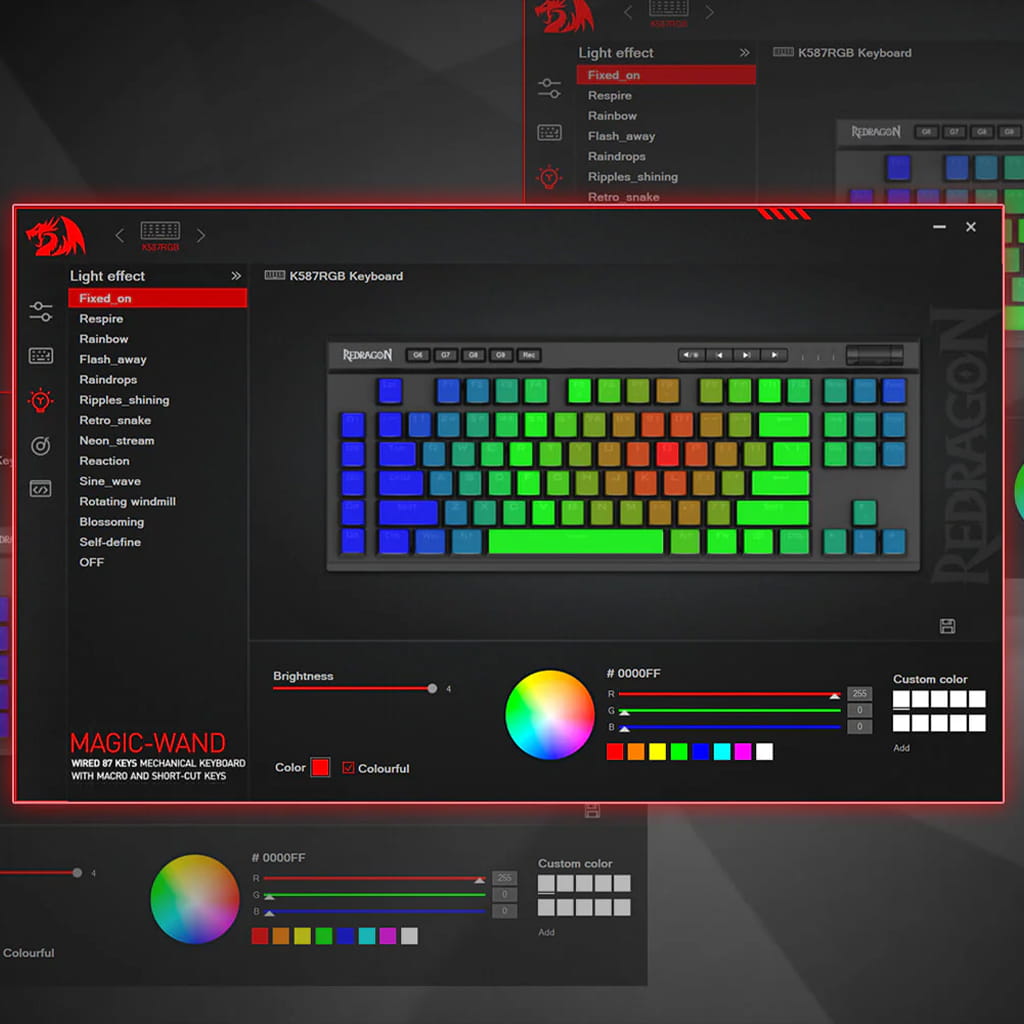 Image of a Redragon K587 RGB keyboard interface, showcasing customizable RGB lighting effects and color settings in software