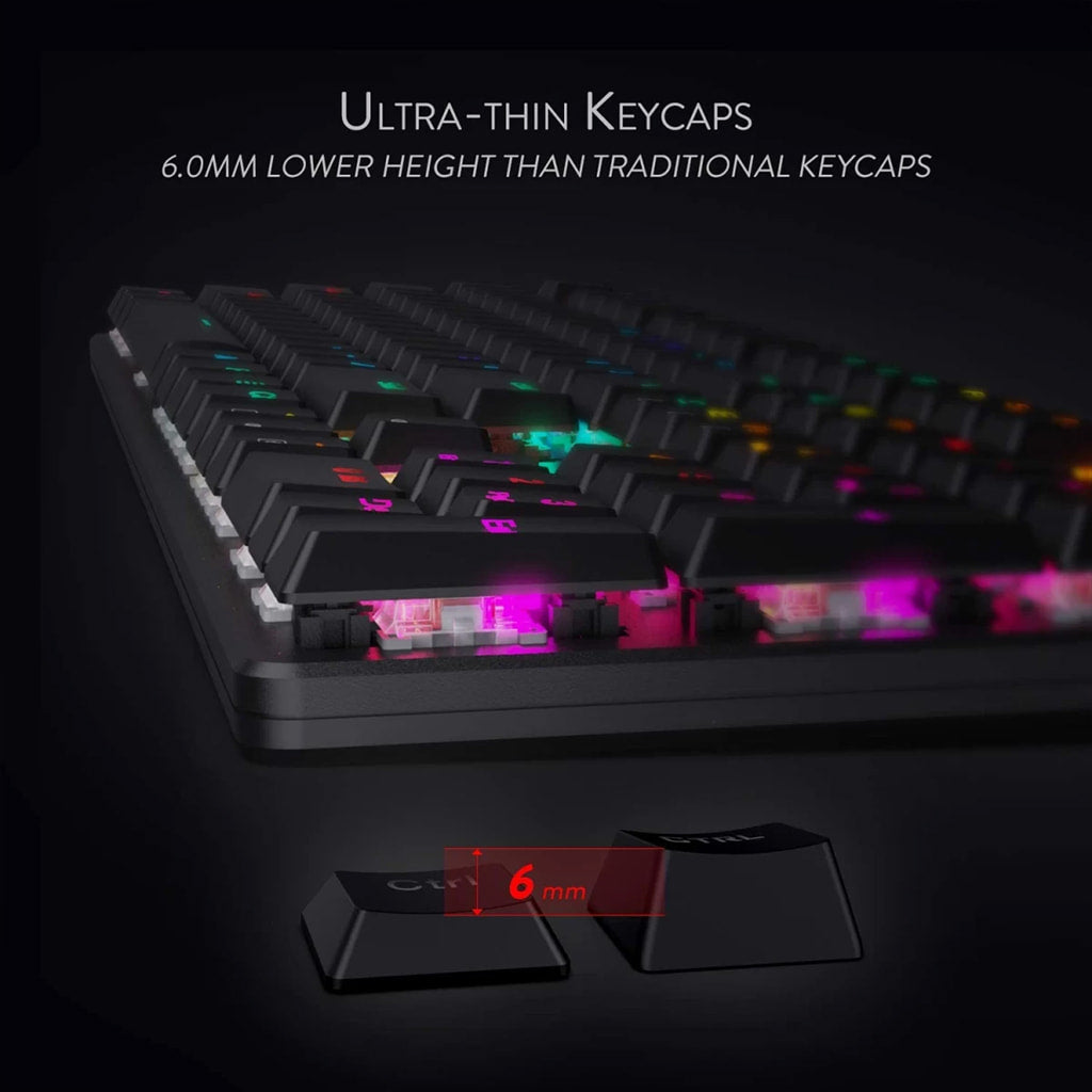 Close-up view of Redragon K589 Shrapnel RGB Mechanical Keyboard showcasing ultra-thin 6mm keycaps with vibrant RGB backlighting
