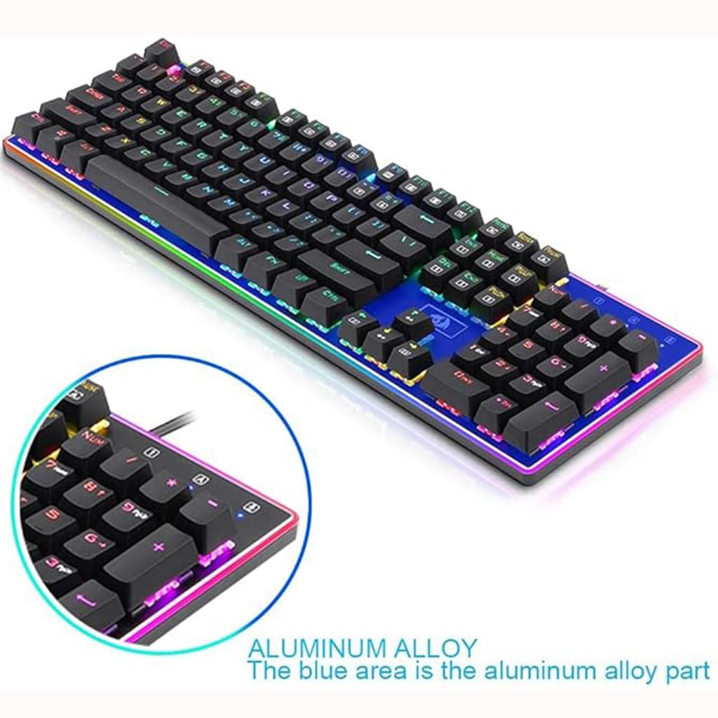 Redragon K595 Ratri RGB Mechanical Gaming Keyboard, highlighting the blue aluminum alloy frame and vibrant rainbow backlighting