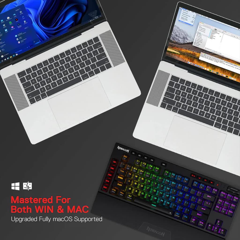 Infographic showing the Redragon K596 Vishnu Wireless RGB Mechanical Gaming Keyboard's compatibility with Windows and MacOS