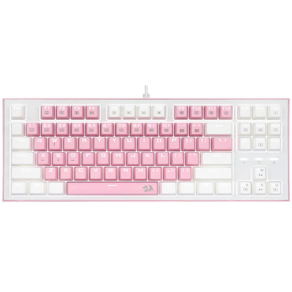 Keyboard with pink and white keys on a white background
