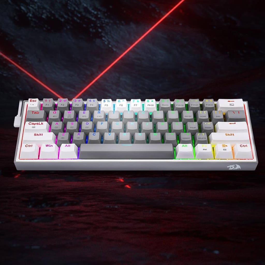 Redragon K616 RGB Fizz Pro Grey & White gaming keyboard shown from the front, featuring a vibrant rainbow RGB lighting