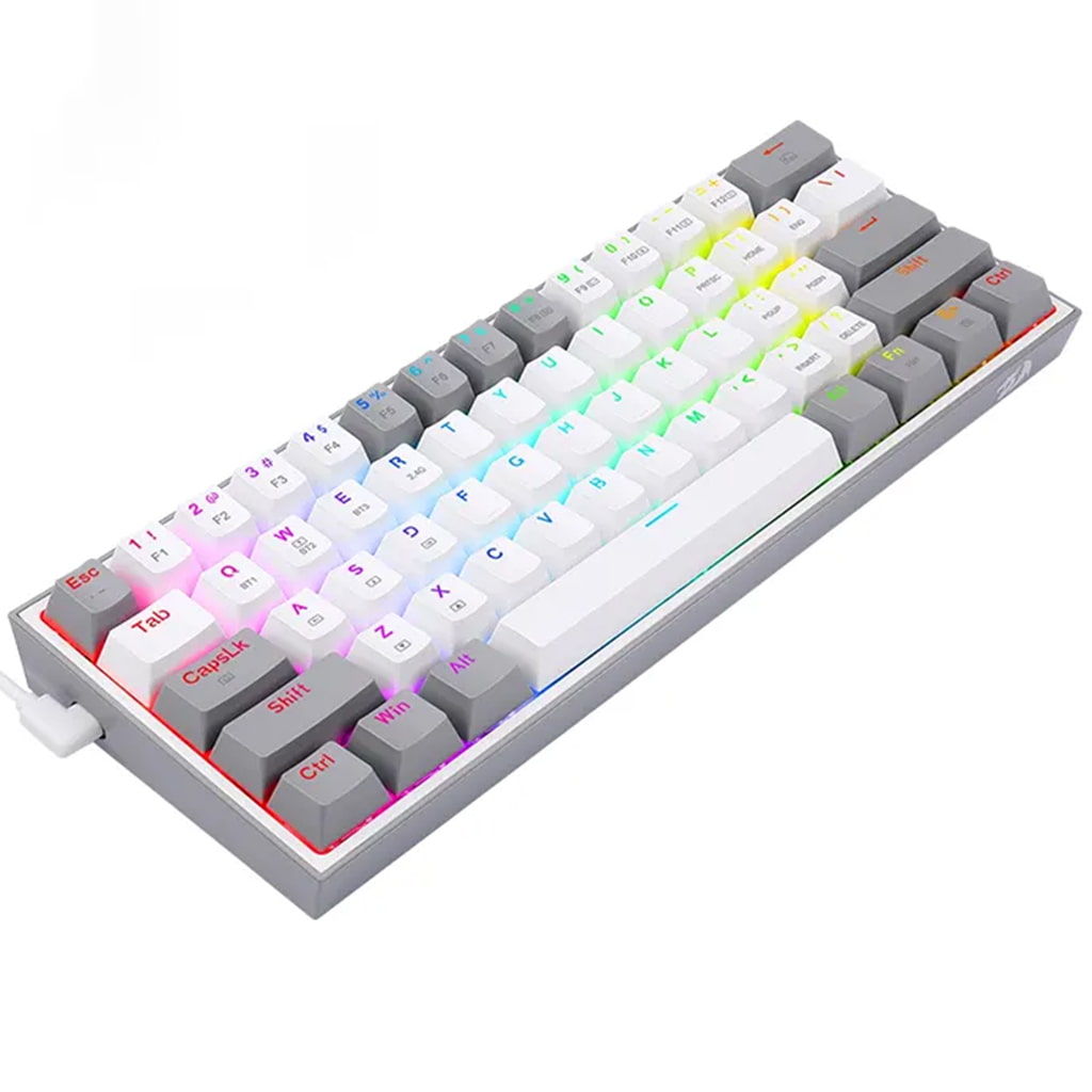 Redragon K616 Fizz Pro mechanical keyboard in a white and grey has a 60% layout with a rainbow RGB illumination and a white cable