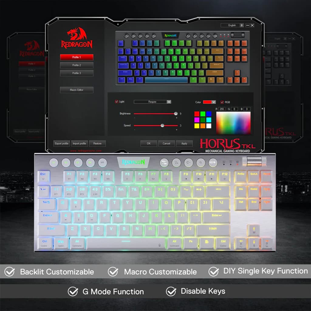 Redragon K621W Horus wireless keyboard with customizable backlit, macro, and key functions shown with the software interface