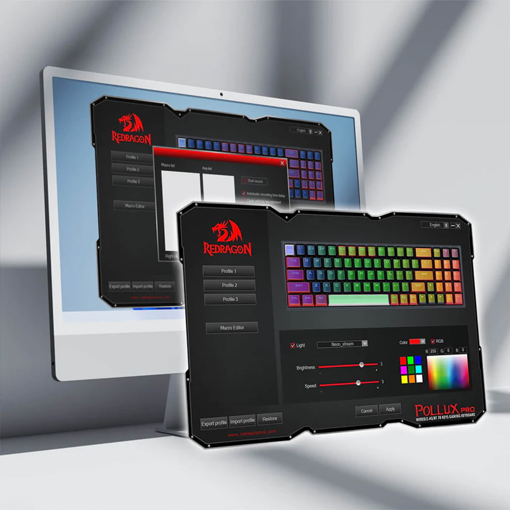 Redragon K628 PRO RGB keyboard's software, showing options like lighting modes, brightness, speed, and RGB customization
