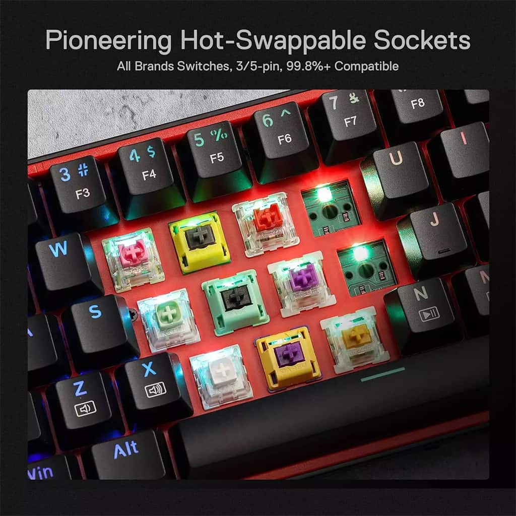 Redragon K628 Pollux keyboard featuring hot-swappable sockets, compatible with 3/5-pin switches from all brands