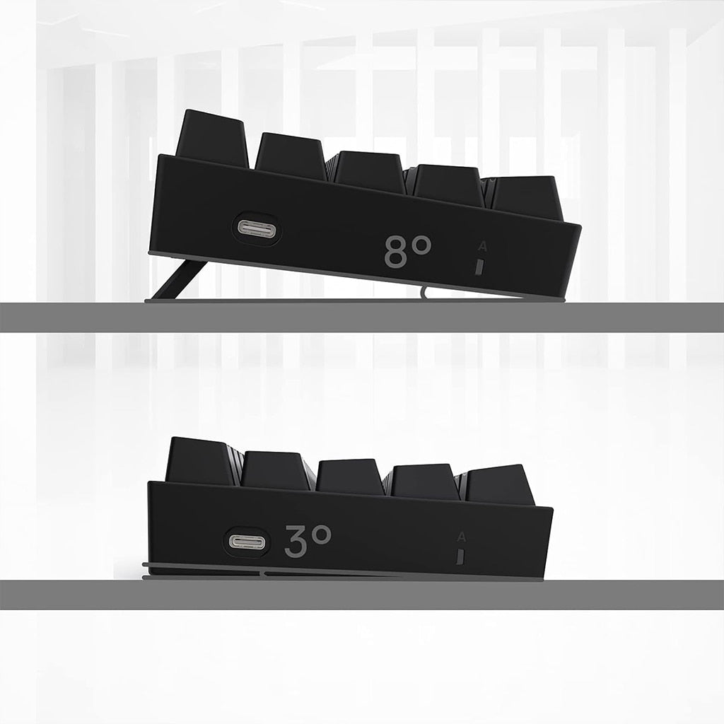 Side view of Redragon K630 Black RGB mechanical keyboards on different shelves showing adjustable angles of 8° and 3°
