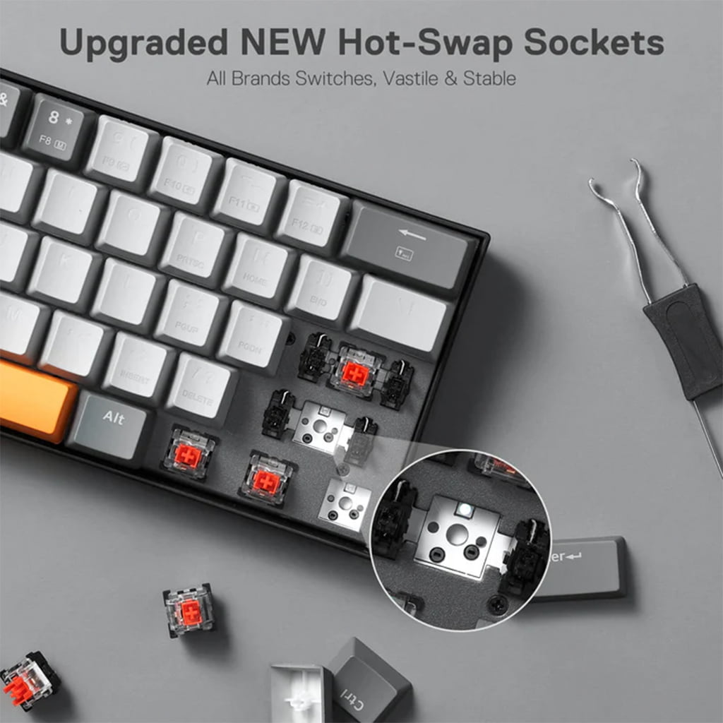 Redragon K644 caraxes RGB Mechanical keyboard showing upgraded hot-swap sockets and switches