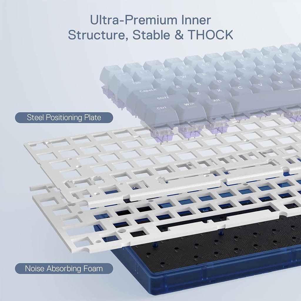 Redragon K656 Pro Keyboard showcasing its ultra-premium inner structure, steel plate, and noise-absorbing foam for enhanced stability