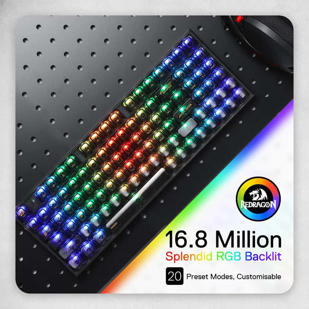 Redragon K658 PRO Black Keyboard, showcasing its full spectrum of 16.8 million RGB backlit colors across its transparent keycaps