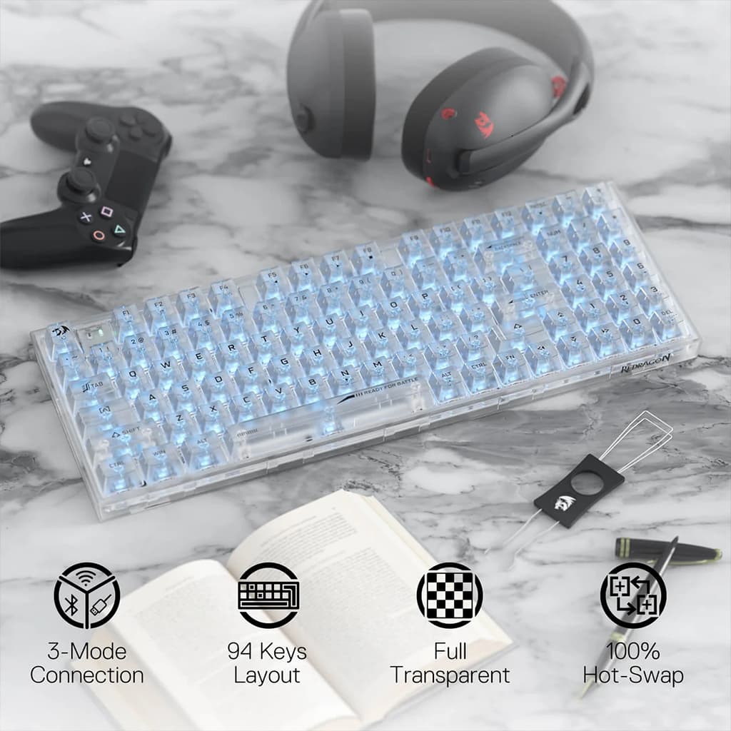 Redragon K658 PRO White RGB Keyboard, showcasing its 3-Mode Connection" (Bluetooth, 2.4Ghz, Wired), 94 Keys Layout & 100% Hot-Swap