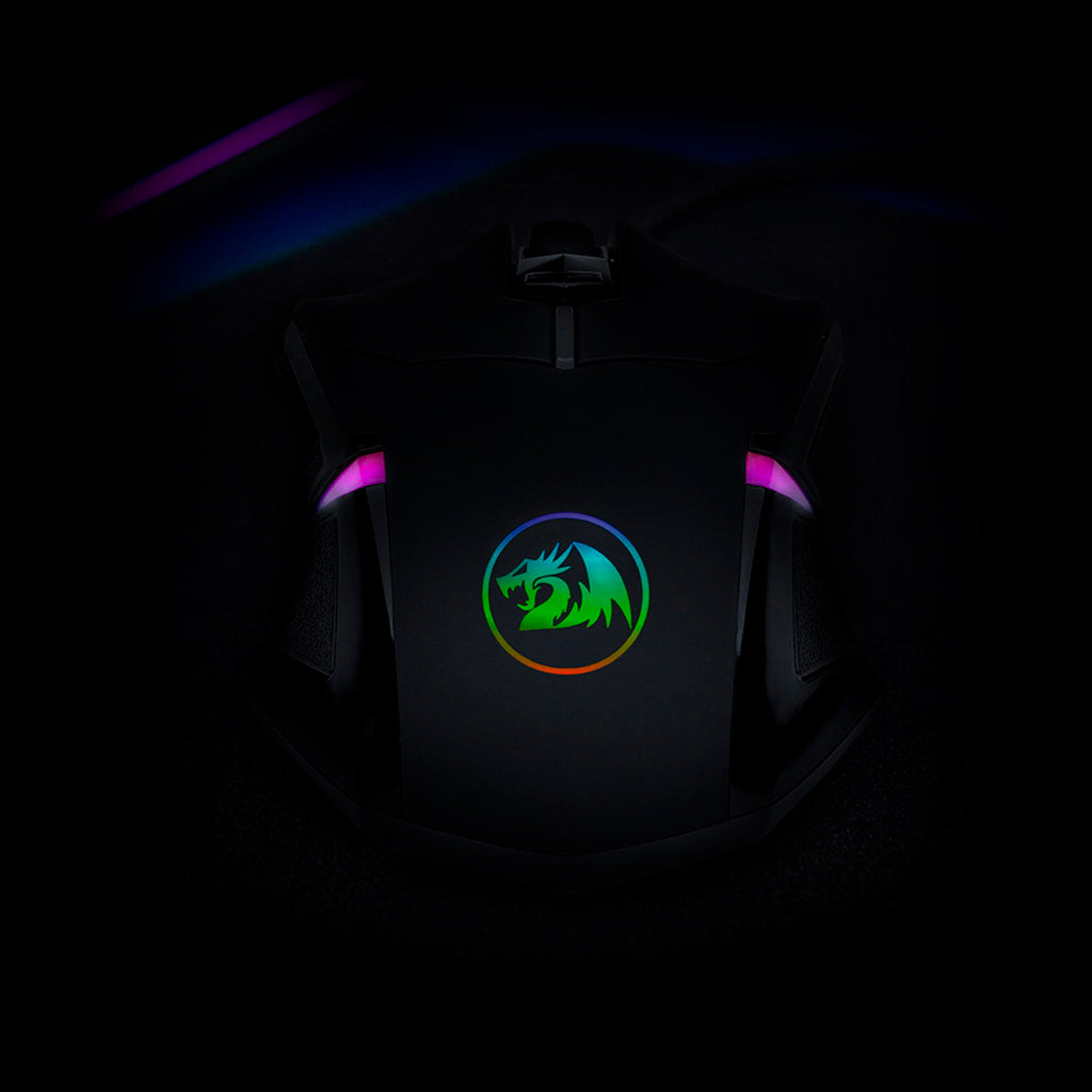 Top-down view of the back of the black Redragon M601 Centrophorus RGB gaming mouse, showing the illuminated RGB Redragon logo