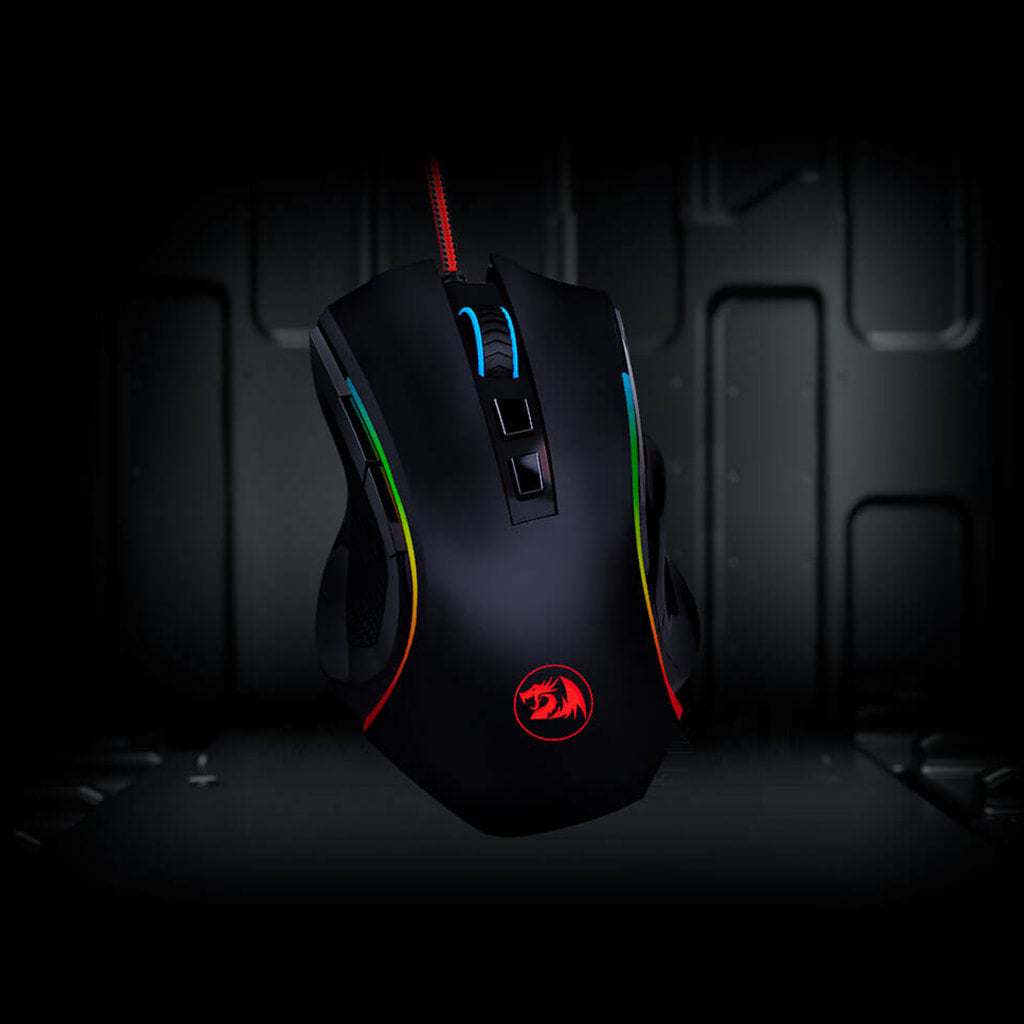 Front view of the black Redragon M607 Griffin RGB gaming mouse with vibrant RGB lighting.