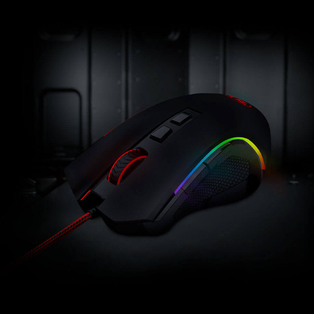Black Redragon M607 Griffin RGB mouse (right view) showcasing its glowing RGB lighting in a low-light setting