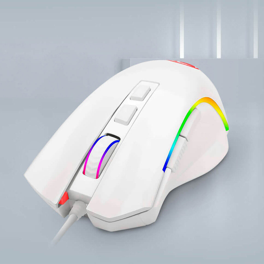 Right side view of the white Redragon M607W Griffin RGB gaming mouse, showing its ergonomic shape and colorful RGB lighting strip