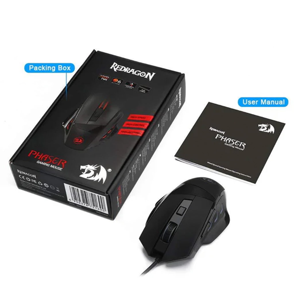 Redragon M609 Mouse with ergonomic design next to its packaging box and user manual.