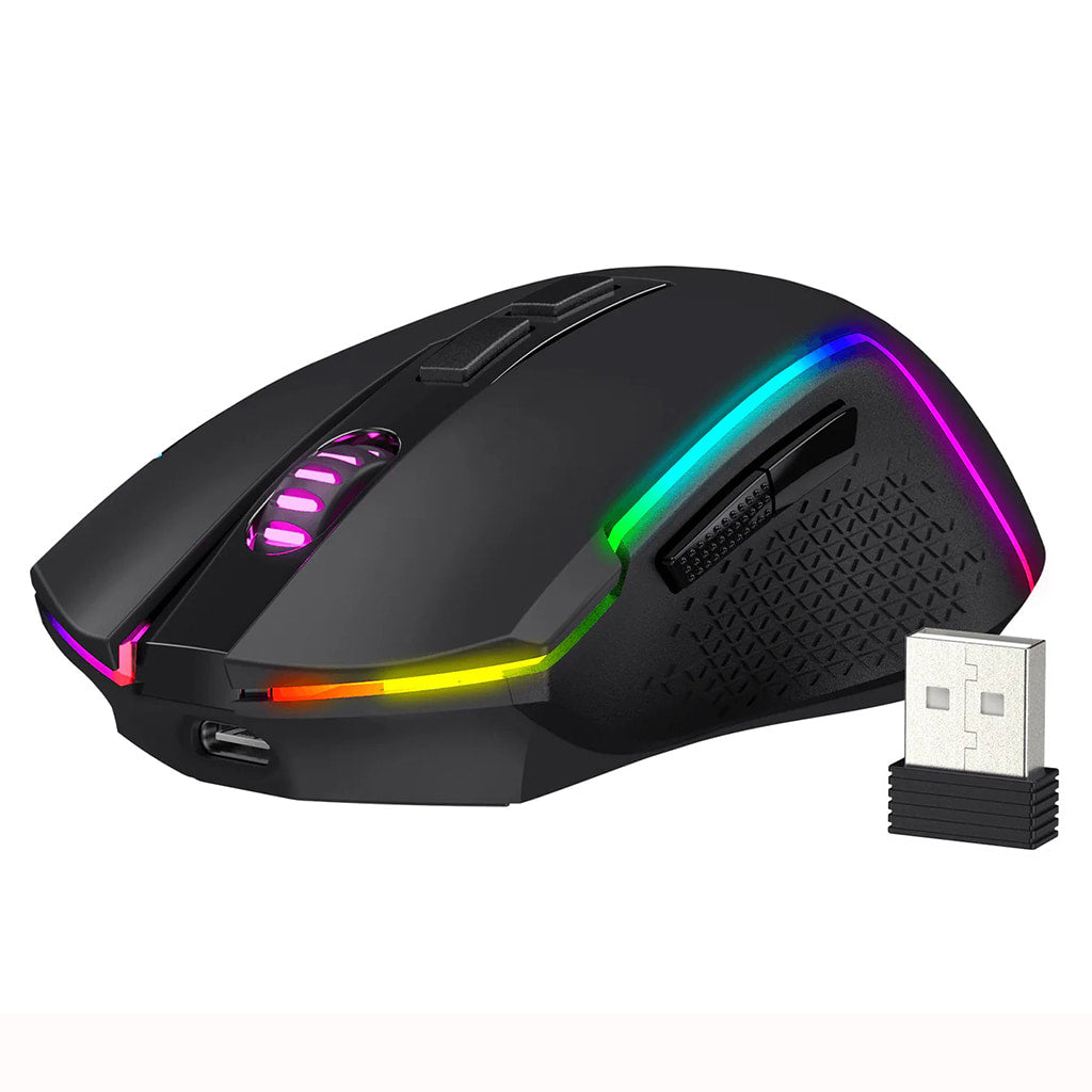Redragon M693 Trident Pro Mouse with vibrant RGB lighting and a USB dongle. Features include side buttons and textured grip
