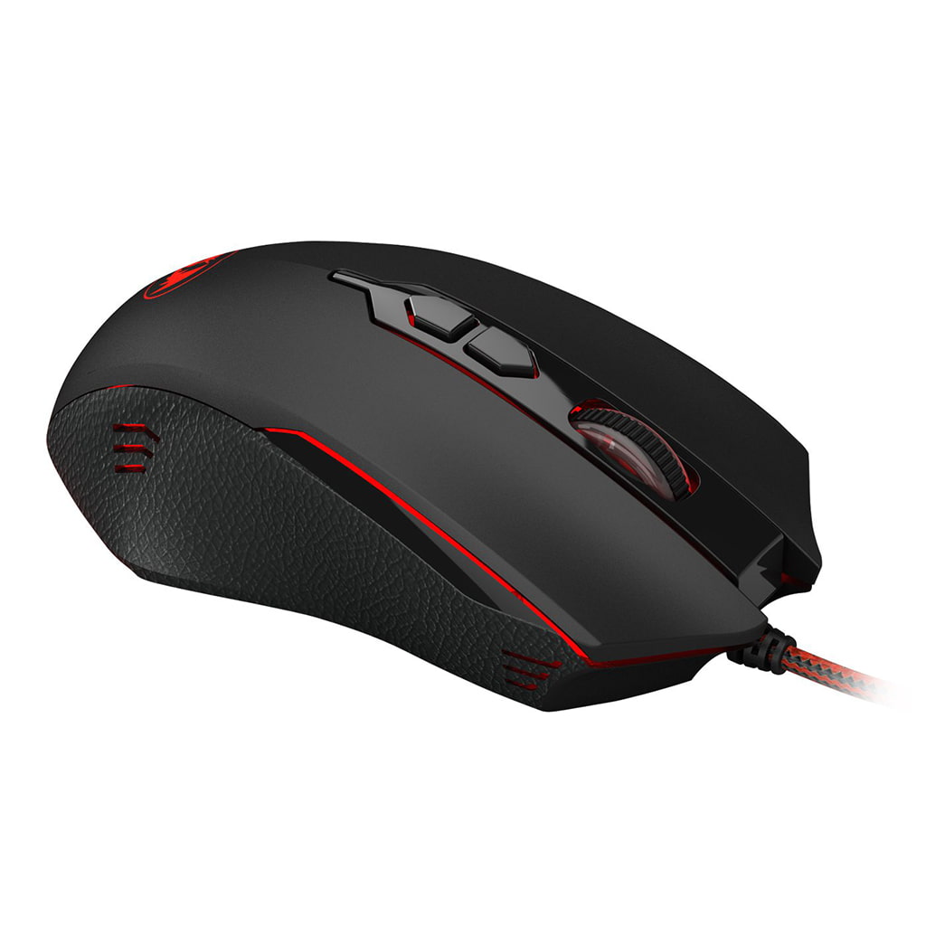 Redragon M716A gaming mouse with red accents and programmable buttons, featuring a textured grip & a braided cable for durability