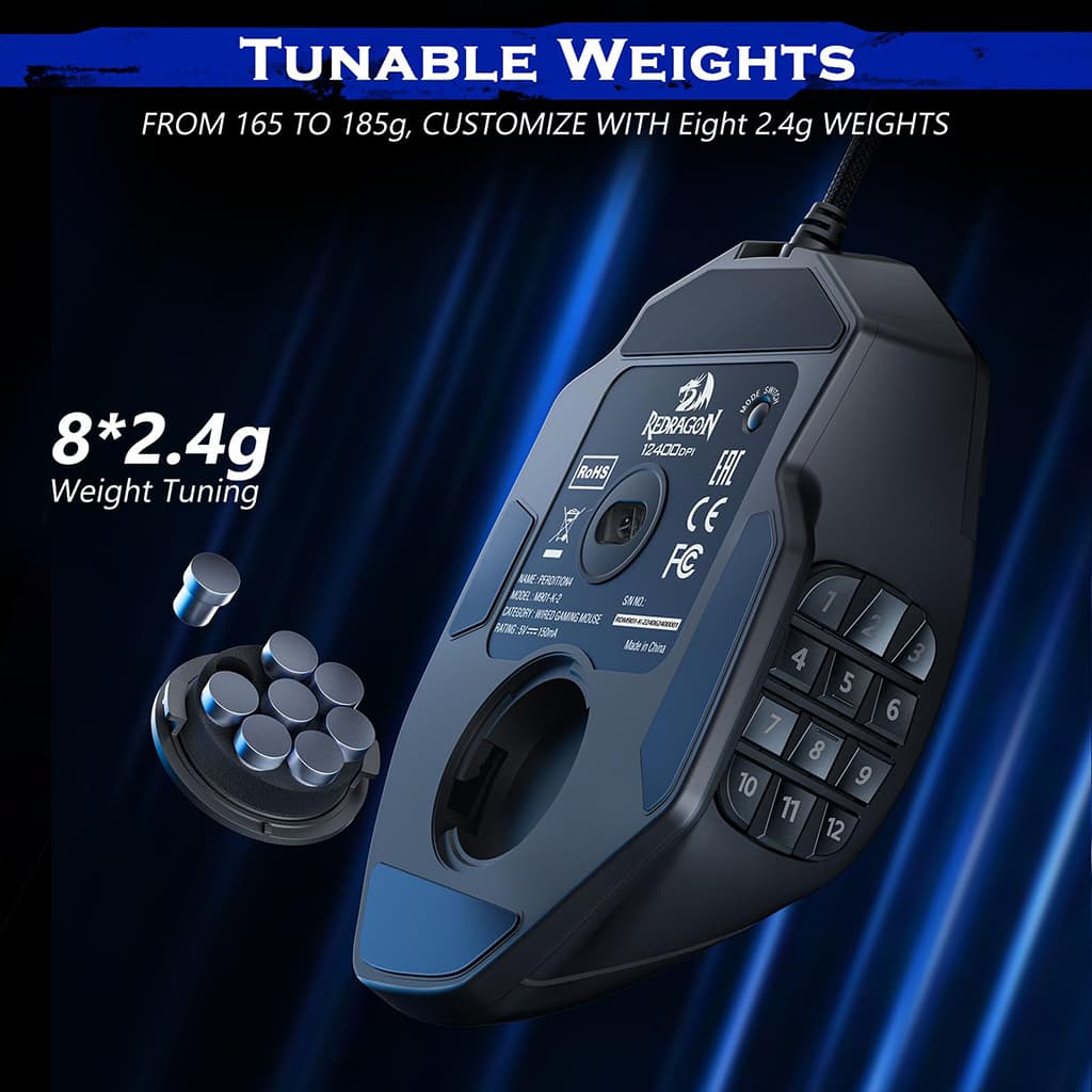 Redragon M901-K-2 Perdition 2 RGB gaming mouse, highlighting the tunable eight 2.4g weights for customization from 165g to 185g